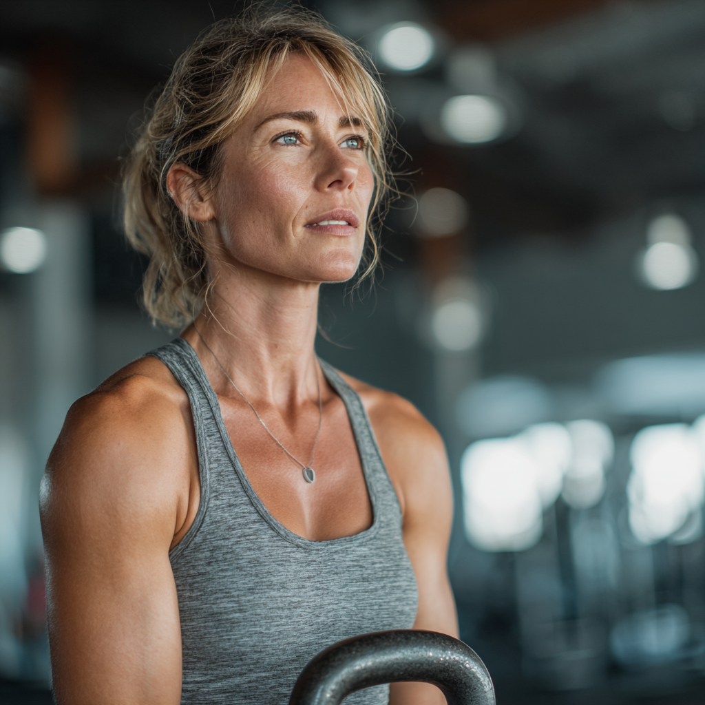 Active woman in her forties doing functional training with kettlebells in a bright modern fitness studio