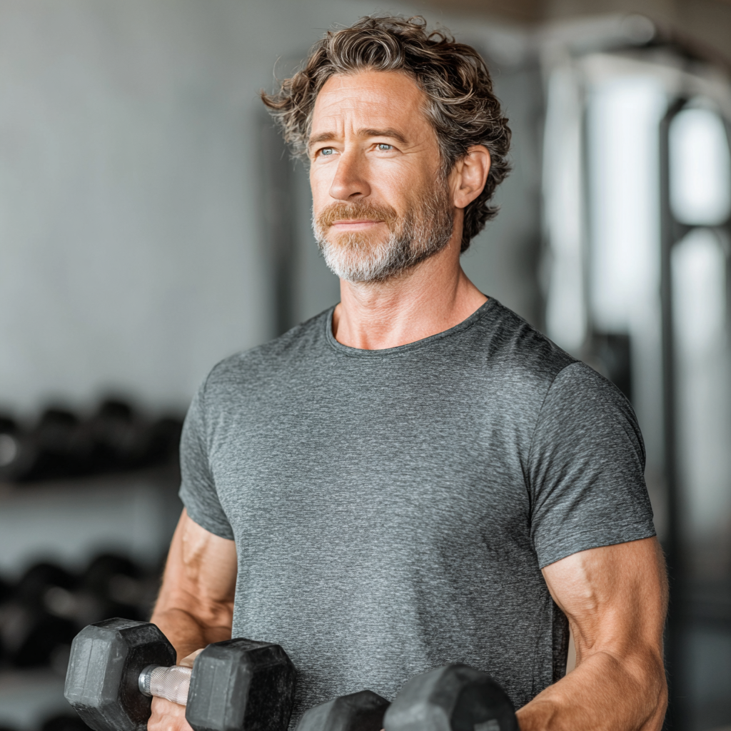 Confident middle-aged man in athletic wear doing strength training with dumbbells in a modern gym setting