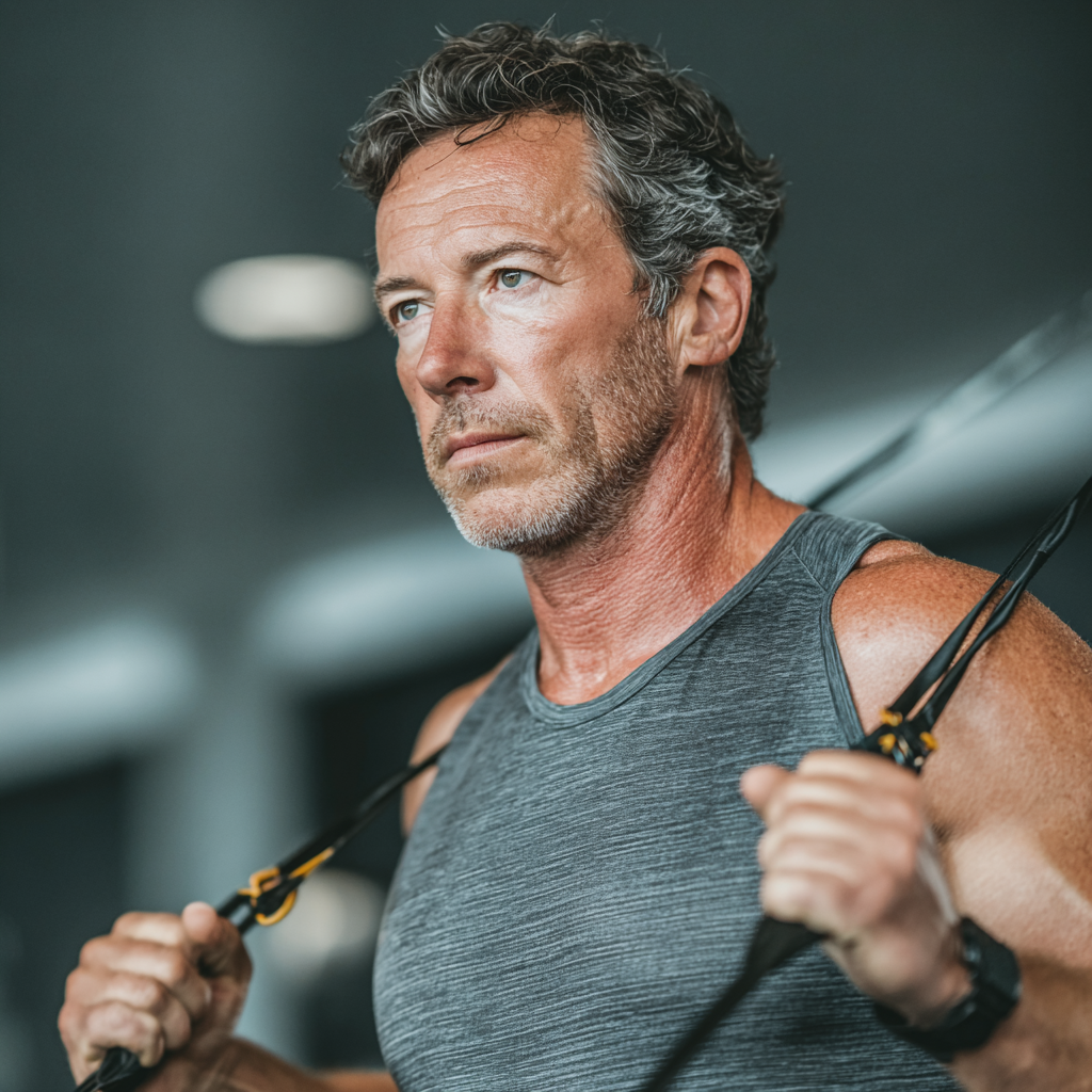 Mature athletic man in his fifties performing strength exercises with resistance bands in a professional gym environment